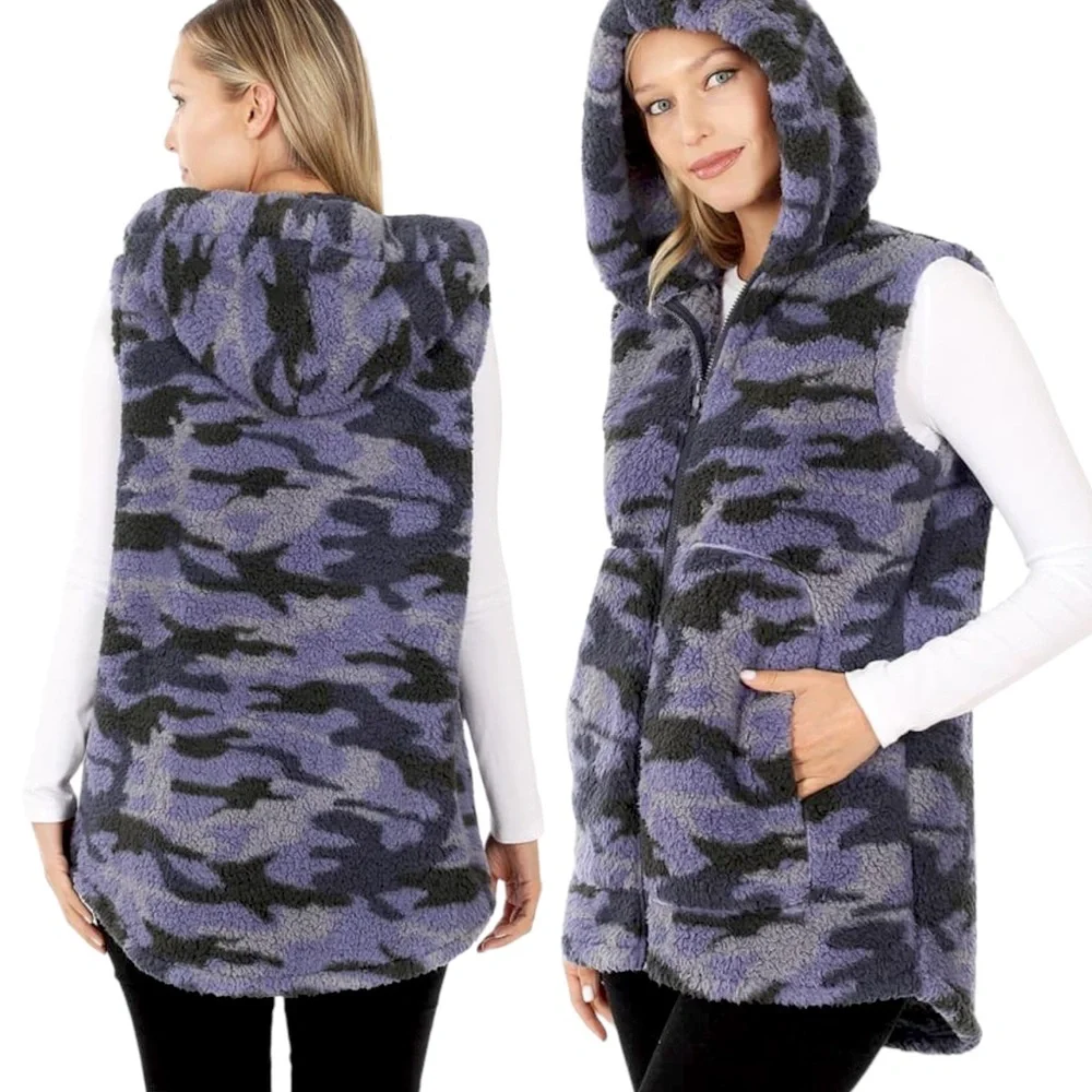 Zenana Sherpa Camouflage Print Zip-Up Hooded Vest with Pockets_13